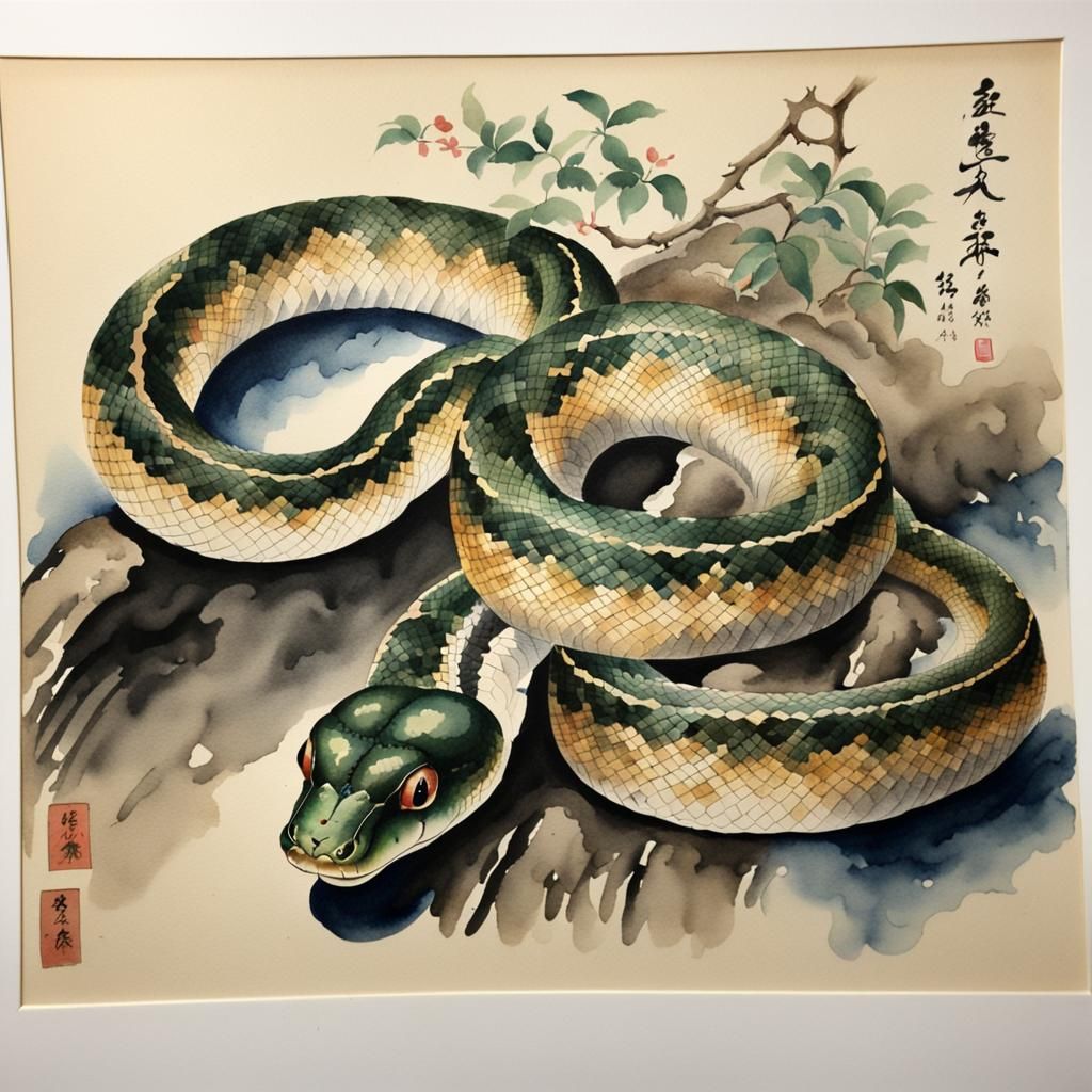 Japanese Watercolor Snake Painting with Signature