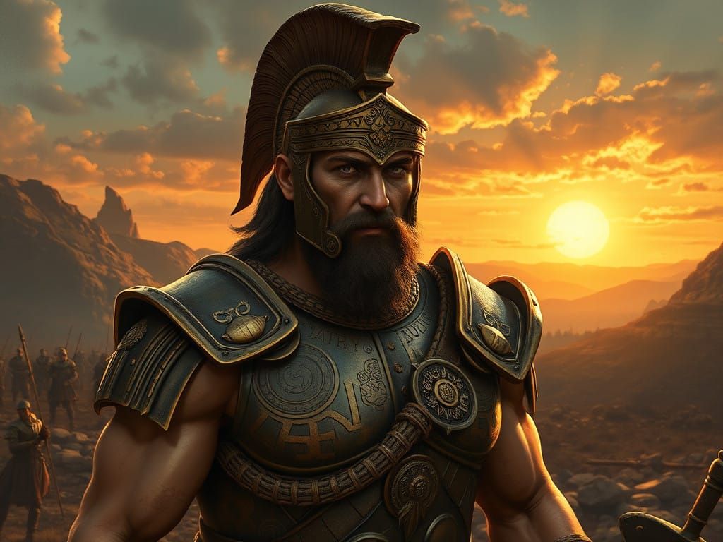 Warrior God Ares in Battle-Scarred Landscape