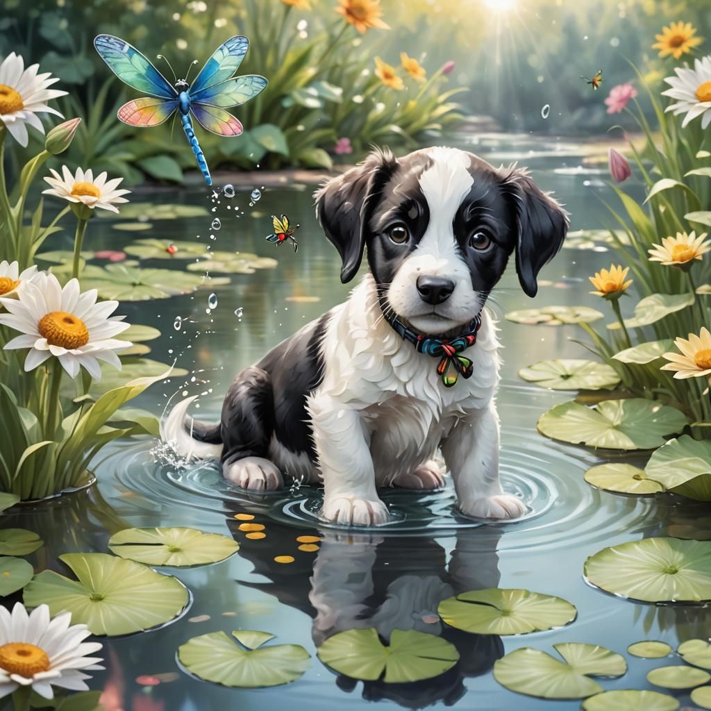 Playful Puppy with Dragonfly: 3D Cartoon Illustration