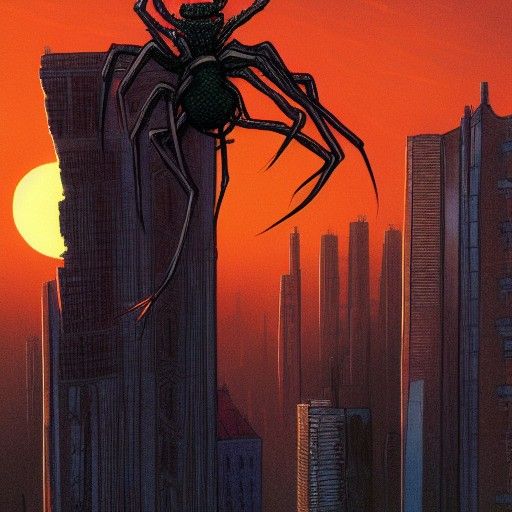 Giant Spider Climbs Skyscraper: Wrightson-esque Concept Art
