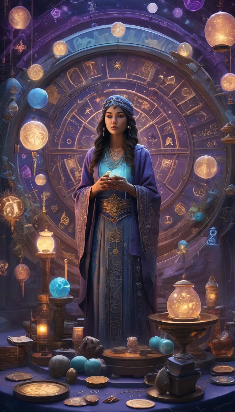 Majestic Fortune Teller Goddess Amidst Glowing Astrological...
