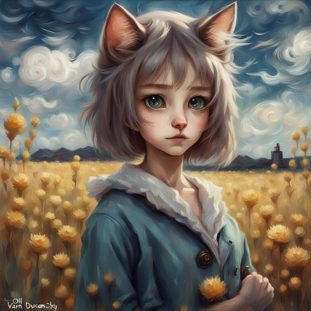 Anime Cat Girl in Van Gogh Style Oil Painting