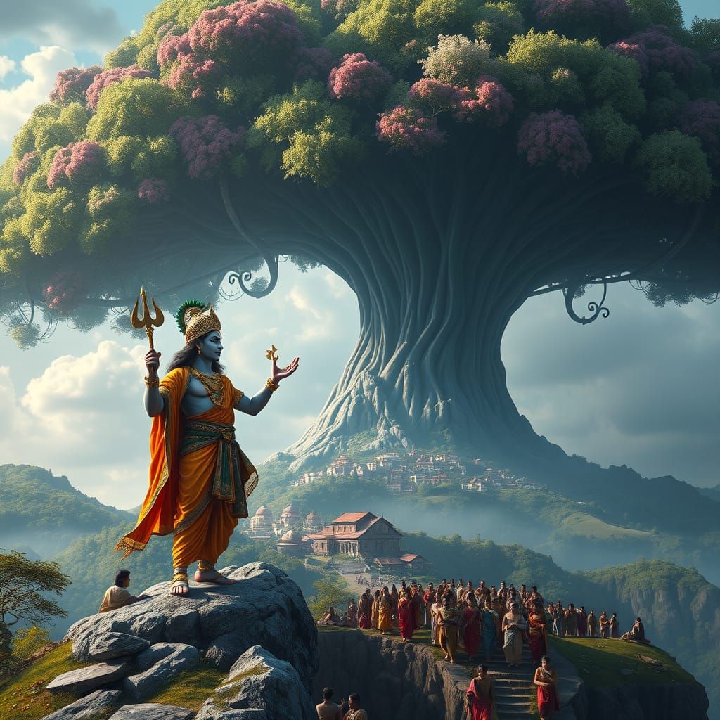 Heroic Krishna Holds Majestic Govardhana Hill in Vibrant, In...