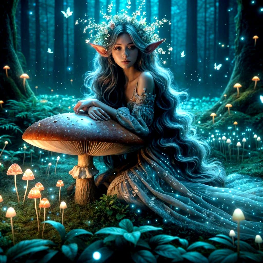 Enchanted Elf in Bioluminescent Forest