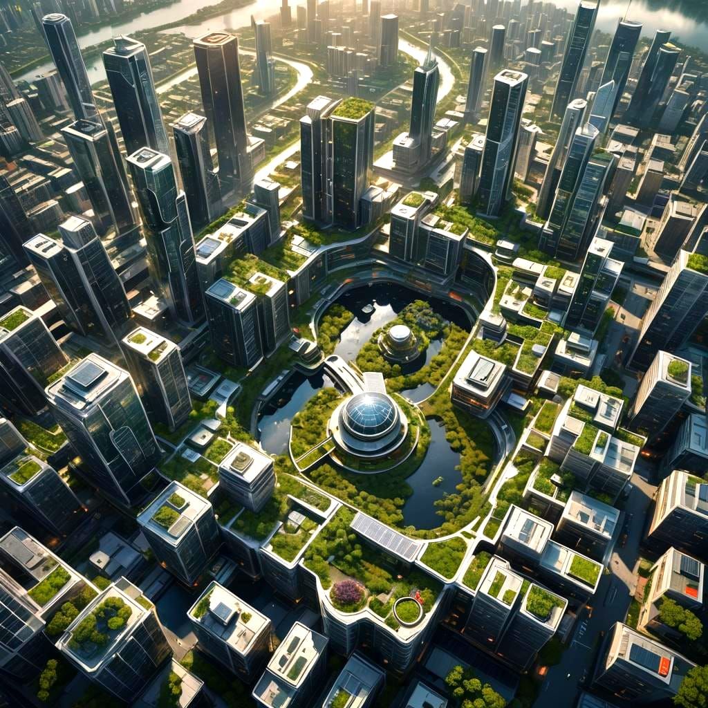 Utopian Cityscape with Solar Energy and Nature