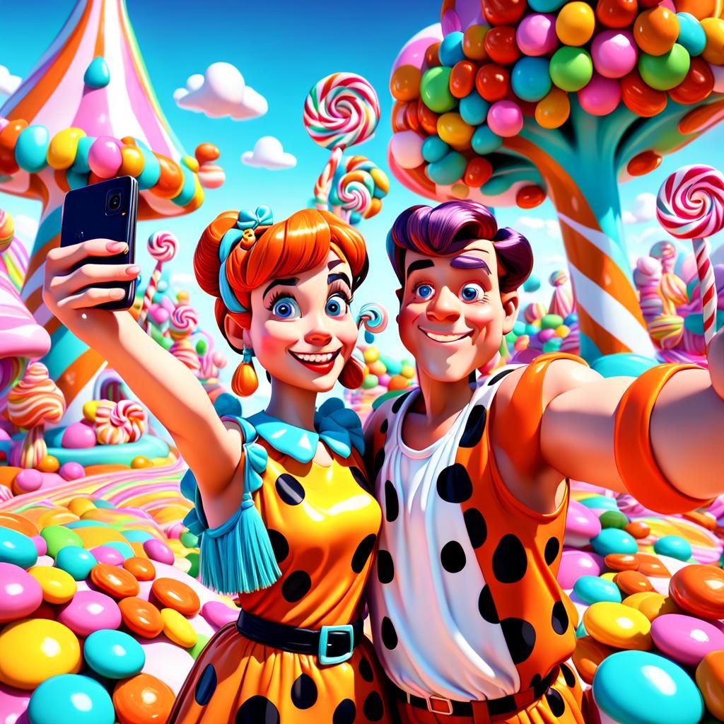 Fred Flintstone and Wilma in anime style taking a selfie. 3D...