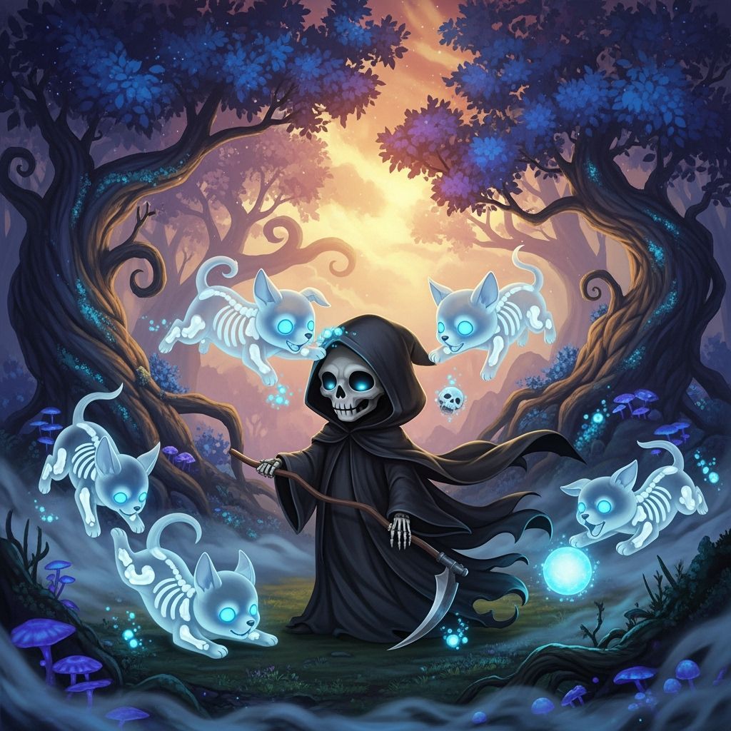 Cute Ghost Puppies Play with Death in Fantasy Landscape