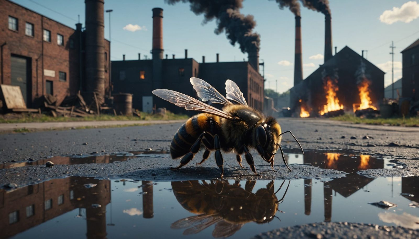 Mysterious Bee Sits by Dark Factory Puddle in Hyperrealistic...