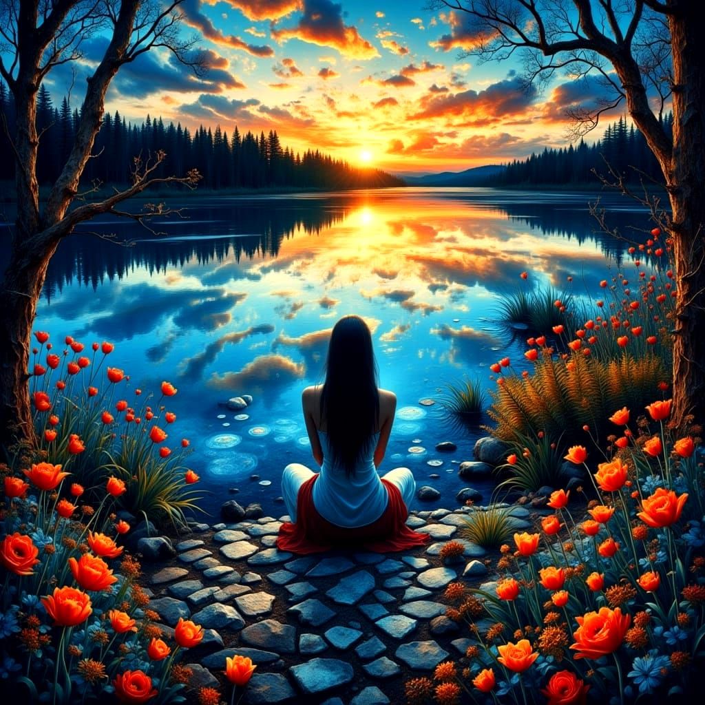 Ethereal Mosaic Landscape with Water Reflections