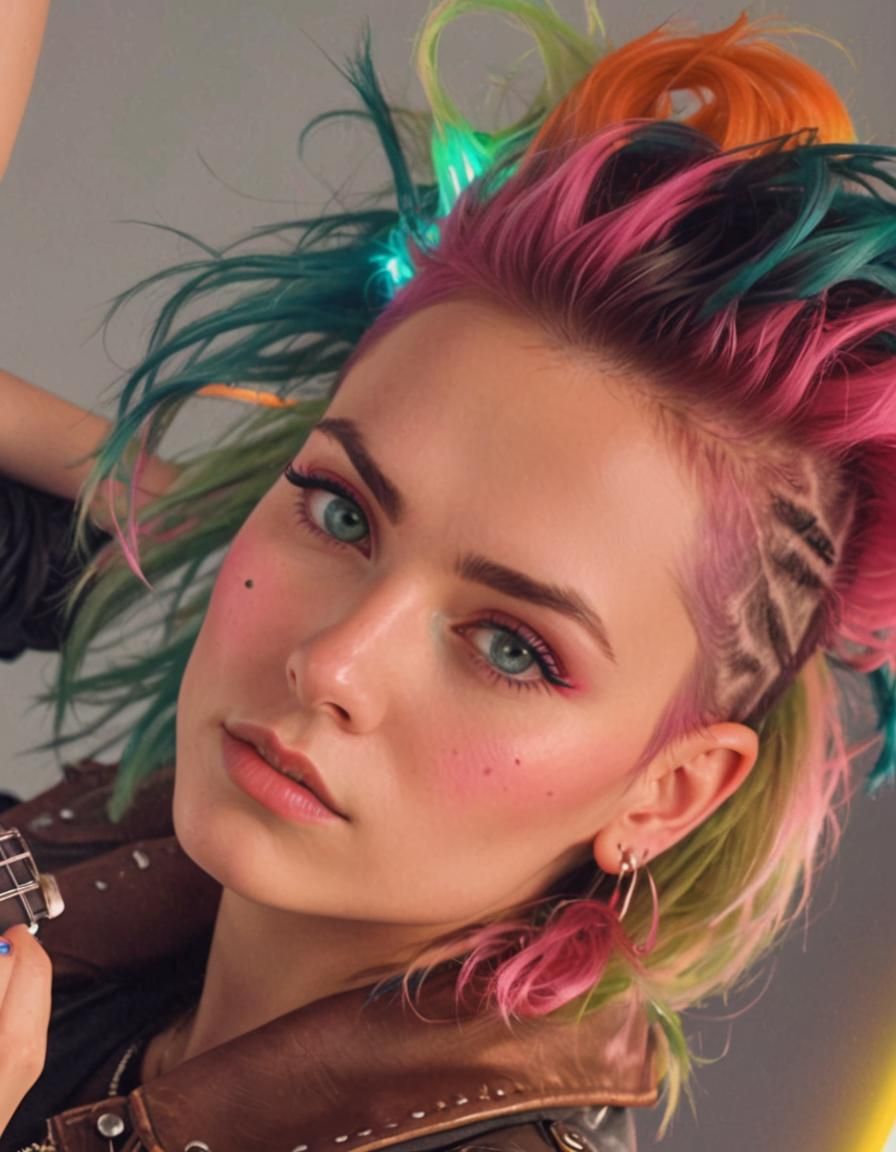 Retro Neon Punk Guitarist on Stage in Digital Art