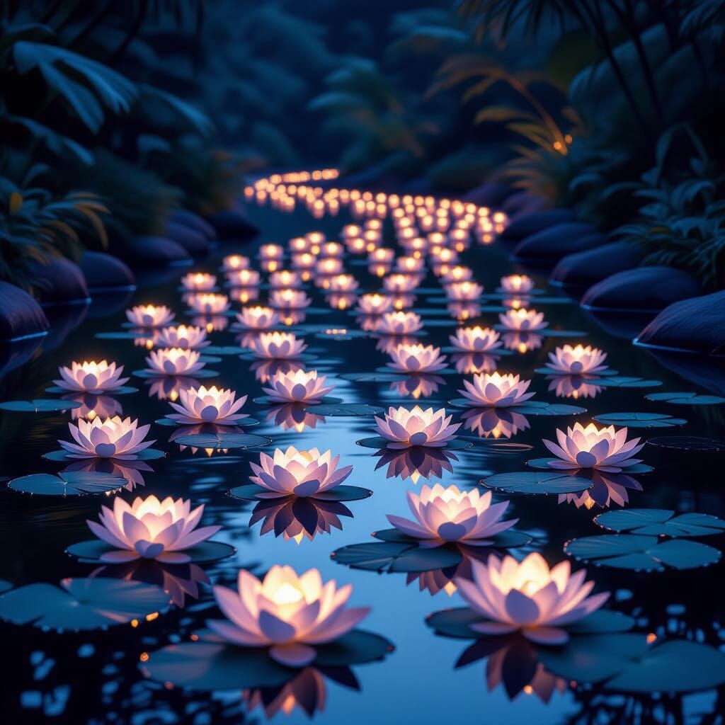 Ethereal Lotus Lanterns on Tranquil River