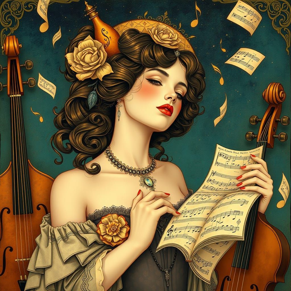 Elegant Woman Surrounded by Music in Art Nouveau Style