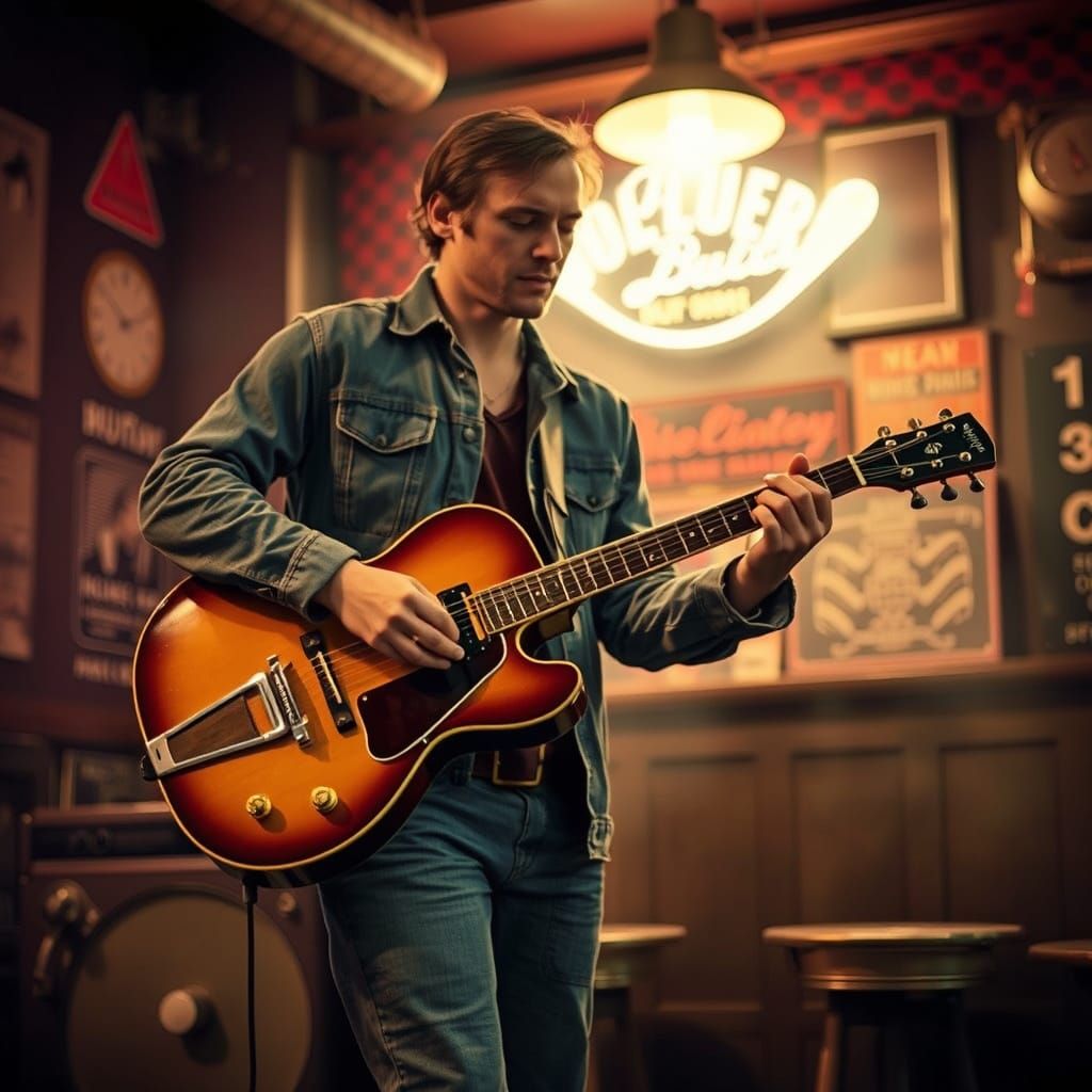 Lone Musician Plays Blues in Smoky Bar