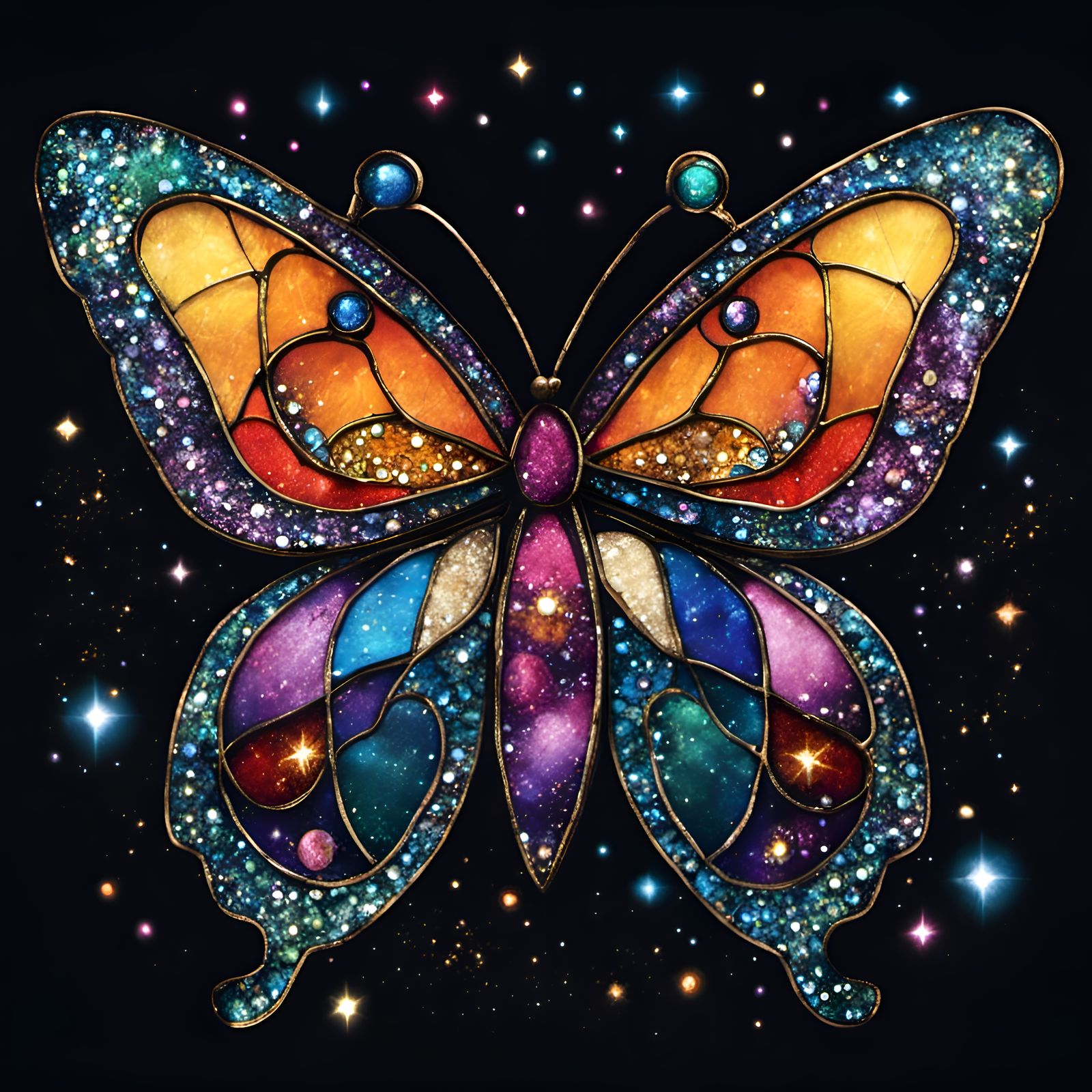 Sparkling Stained Glass Butterfly in Art Brut Style