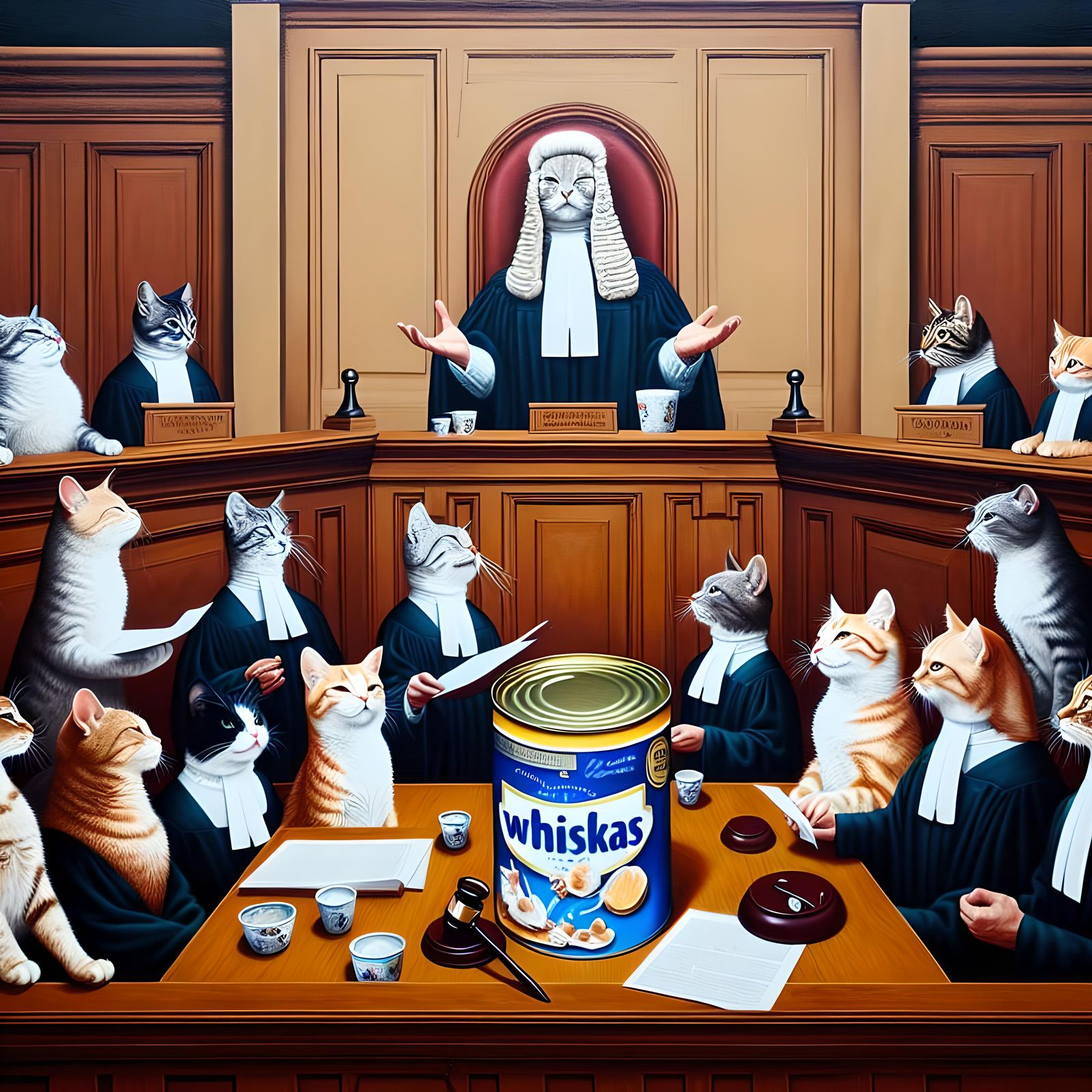 Whimsical Feline Court Scene: A Digital Art Masterpiece