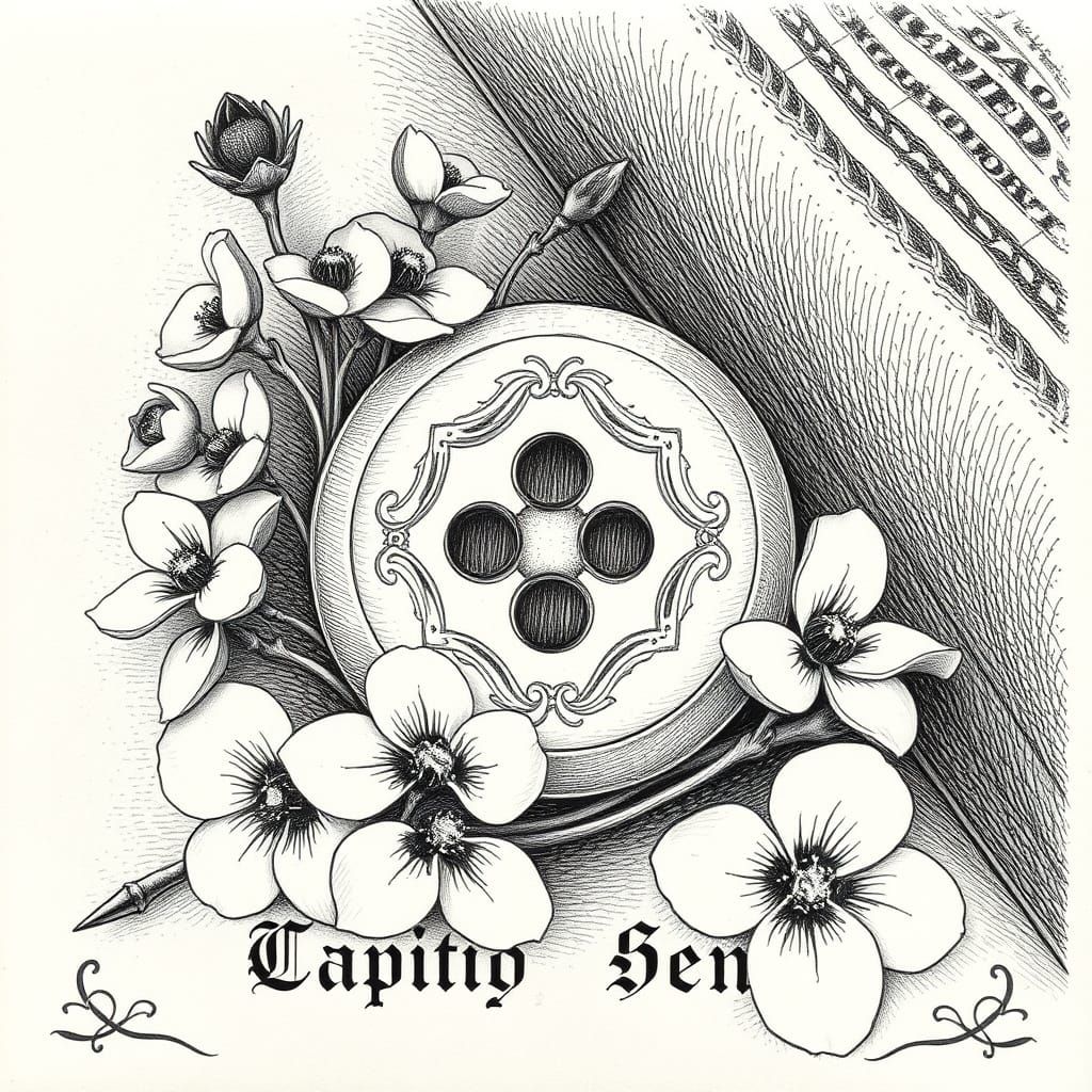 Vintage Button Exlibris in Whimsical Black and White Style