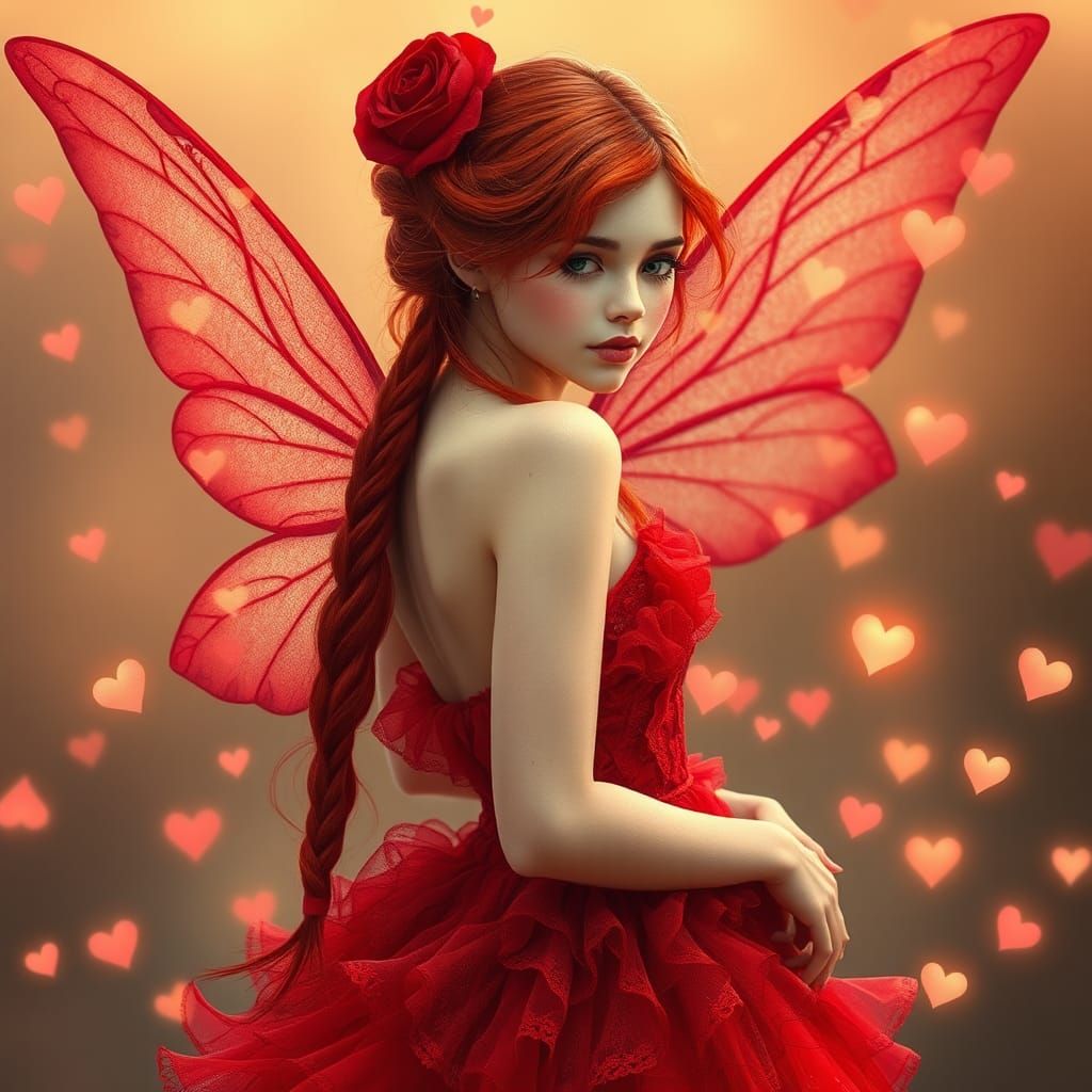 Ethereal Red-Haired Fairy with Rose Wings