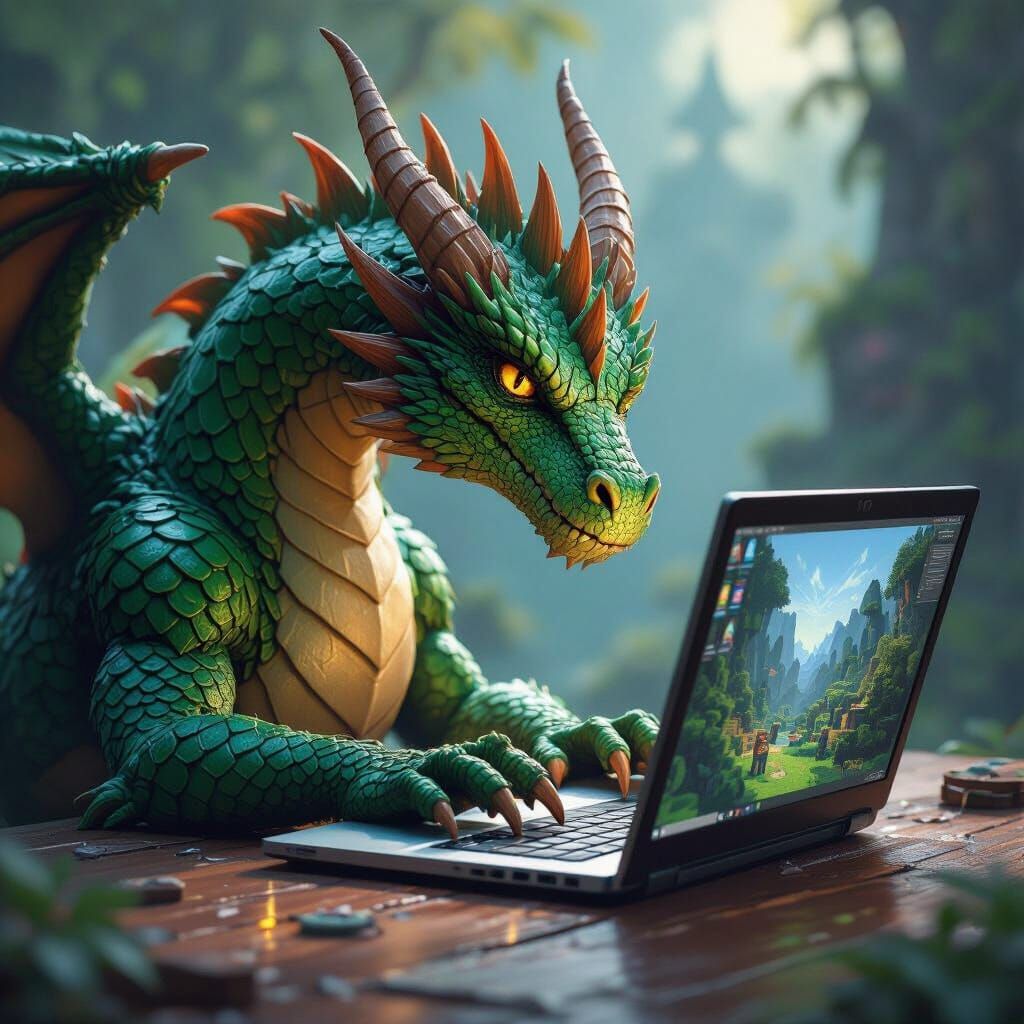 Emerald Dragon Plays Minecraft in Fantastical Concept Art