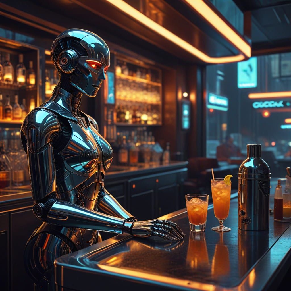 Mid-Century Modern Robot Bartender in Retro-Futuristic Loung...