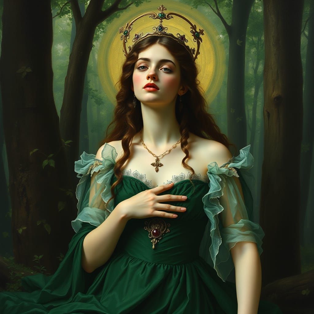 Gothic Emerald Goddess Queen of the Forest in a Romantic Art...