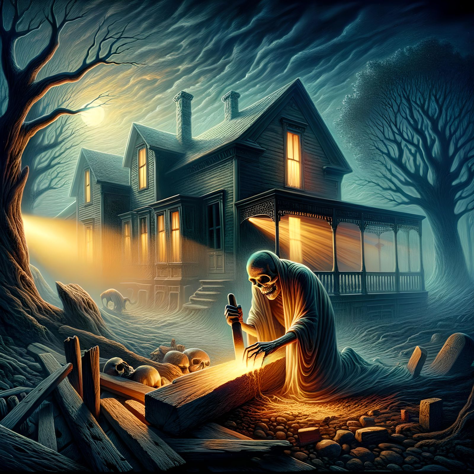 Ghostly Figure Carving at Dusk: Romantic Horror