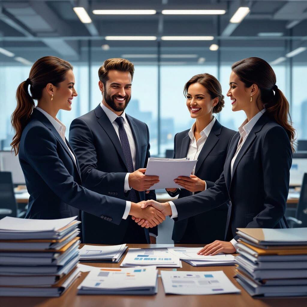 Happy Businesspeople Closing SBA Loan in Modern Office