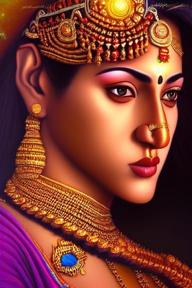 Chola Princess Kundavai Portrait in Detailed Painting Style