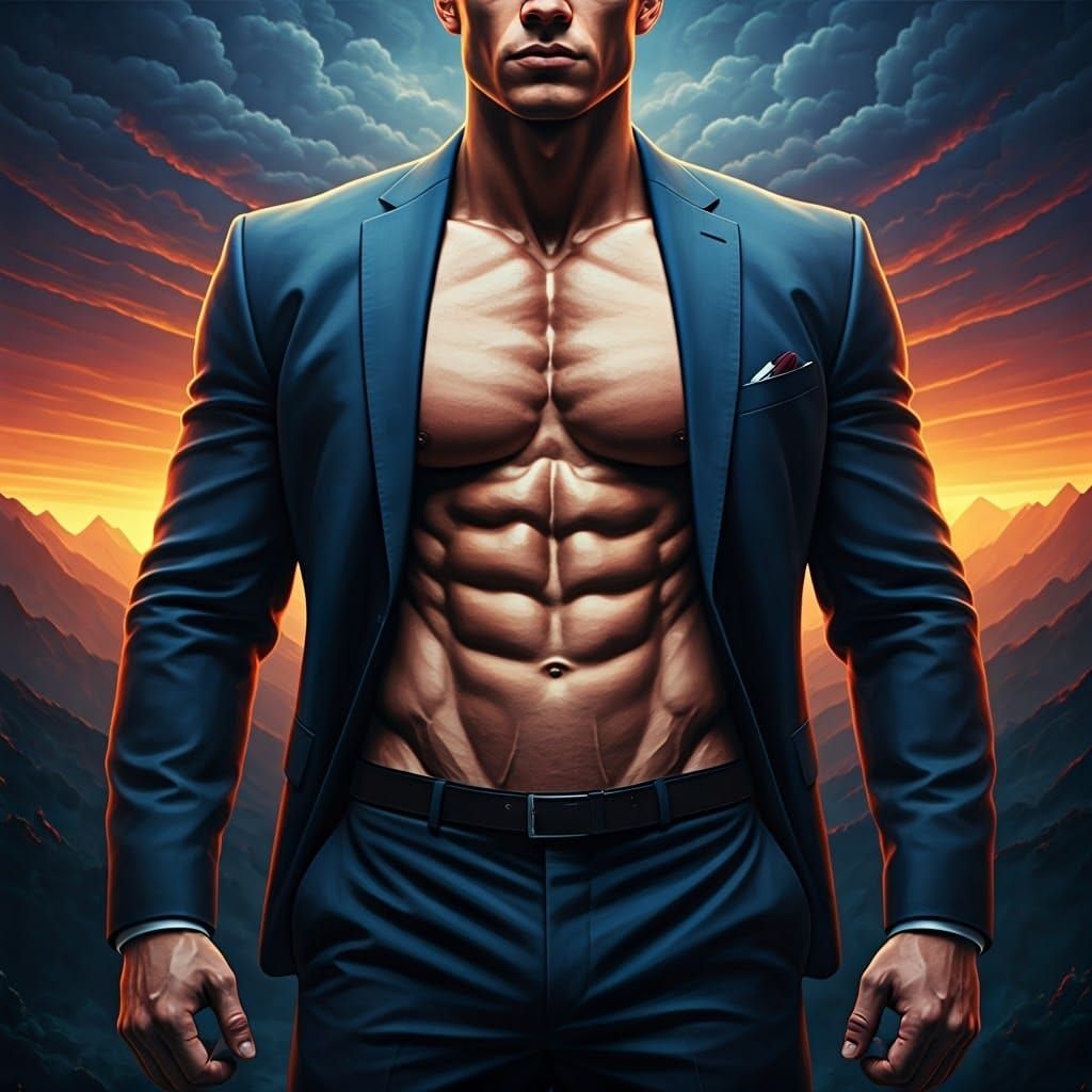 Muscular Man in Suit Against Fantasy Landscape