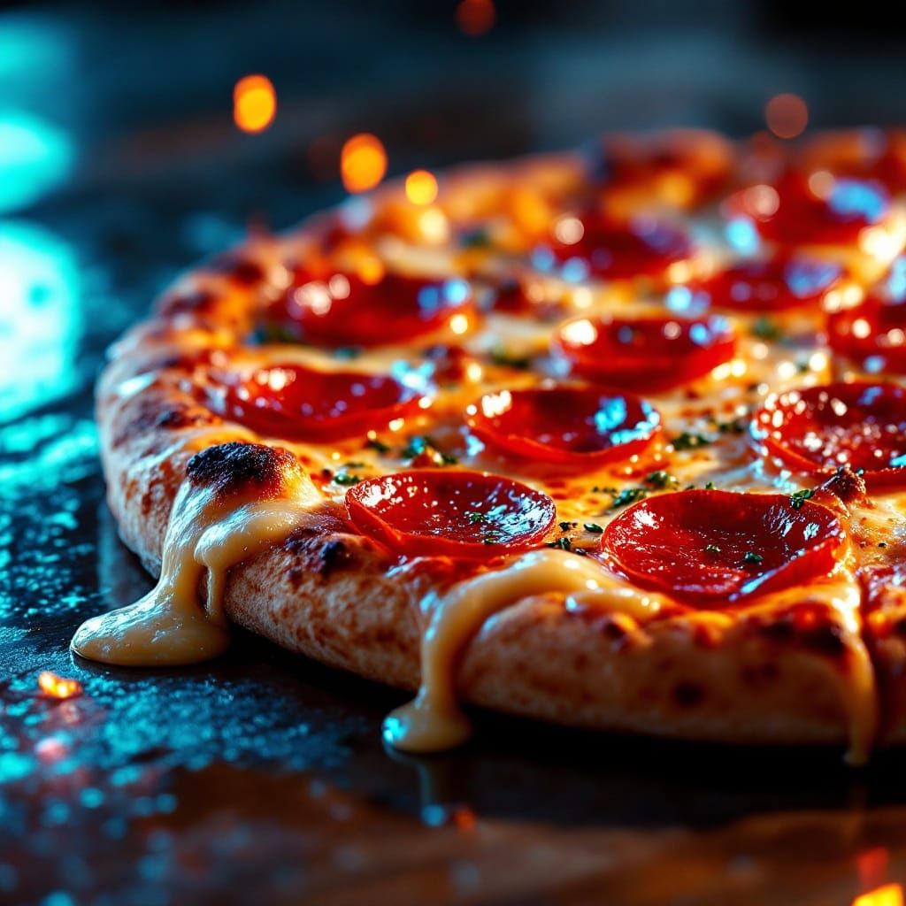 Golden Brown Pizza Radiates on a Sparkling Surface