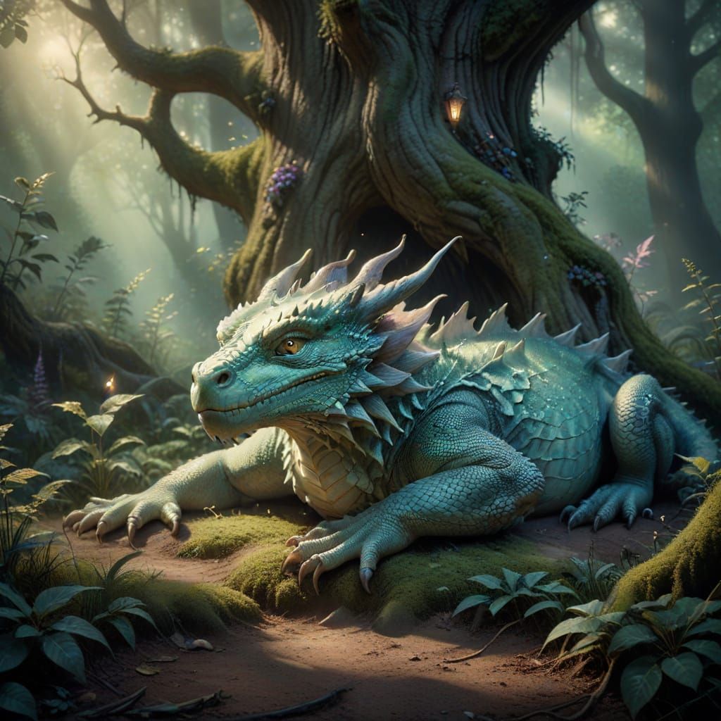 Ethereal Fantasy: Moonlit Green Dragon in Enchanted Forest