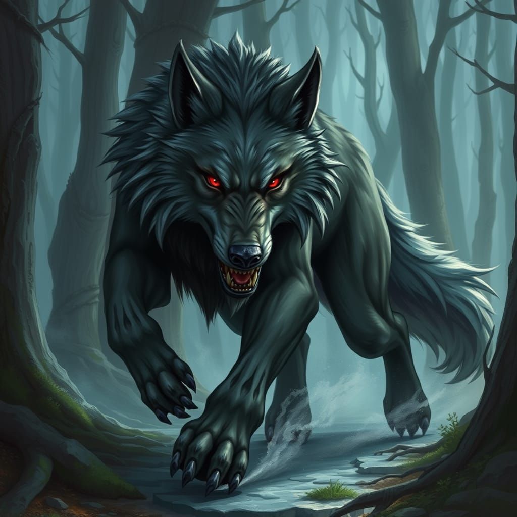 Muscled Wolf with Fiery Gaze Runs Through Fierce Forest Land...