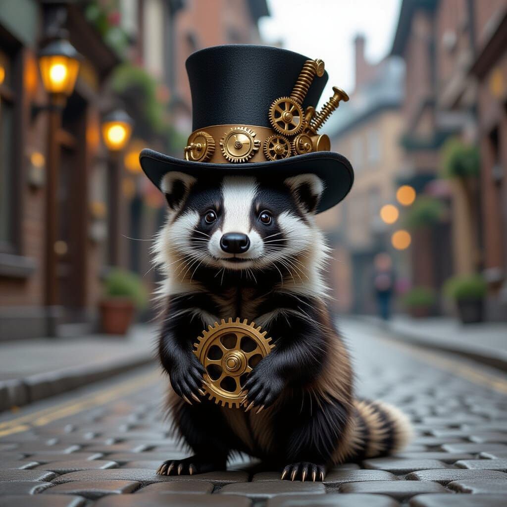 Regal Badger Wears Steampunk Hat in Whimsical City