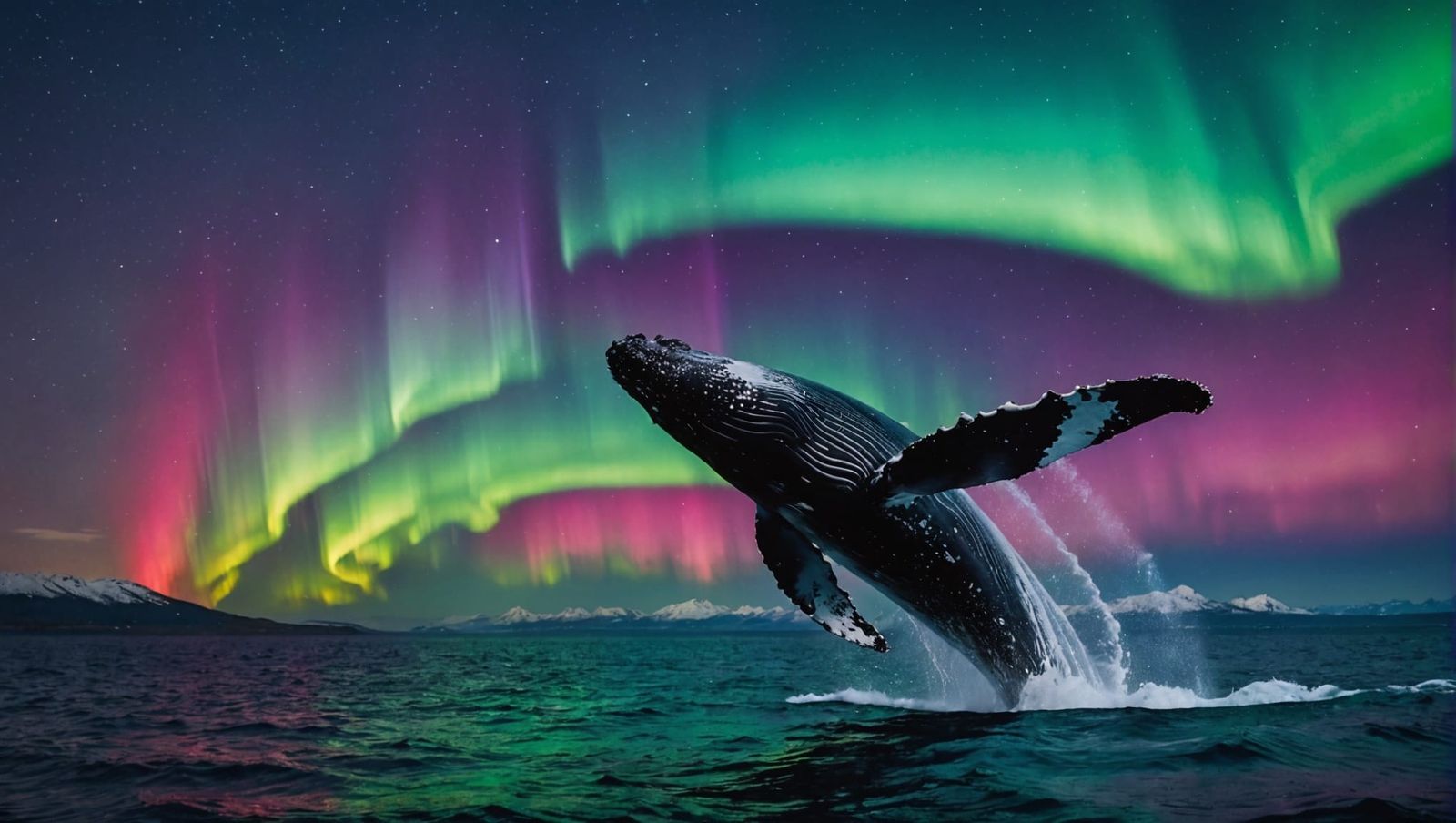 Humpback Whale Breaching Under Aurora Borealis