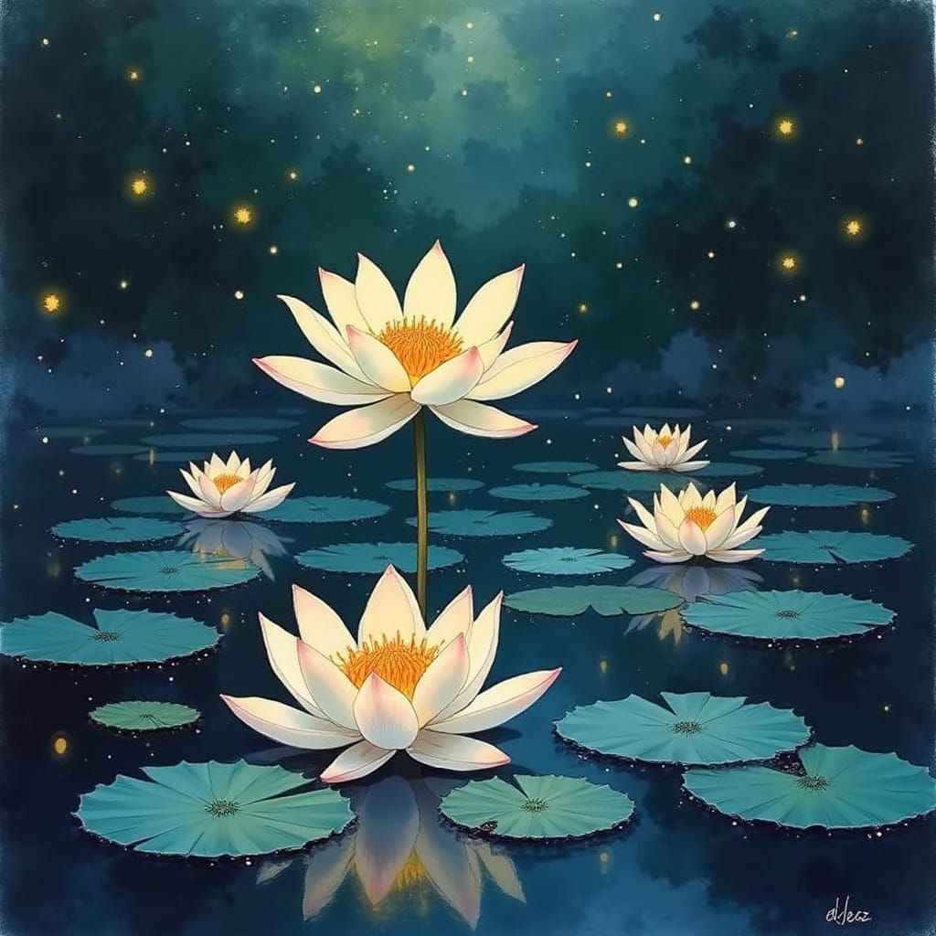 Ethereal Pond Scene in Soft Watercolor Style