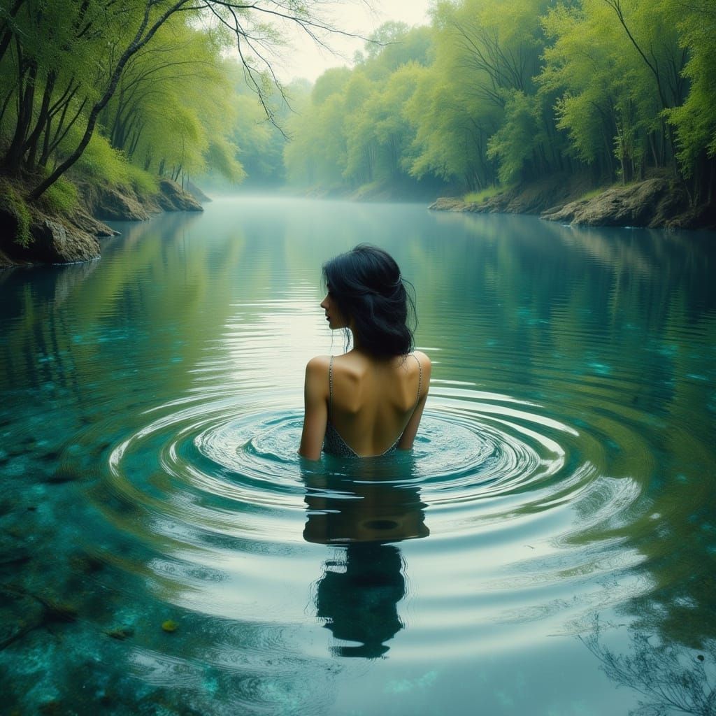 Woman in Serene Lake Impressionistic Oil Painting