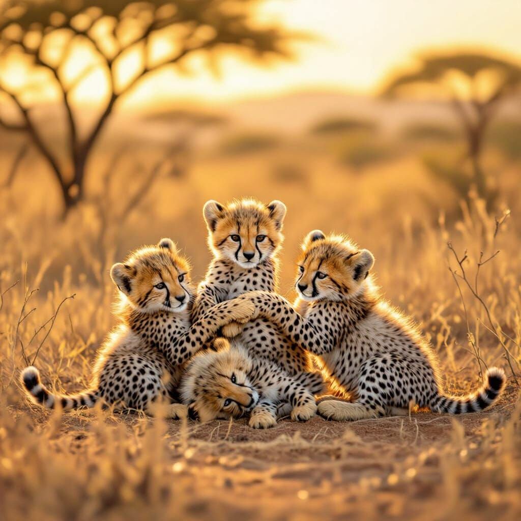 Adorable Cheetah Cubs Play in Sun-Drenched Savanna
