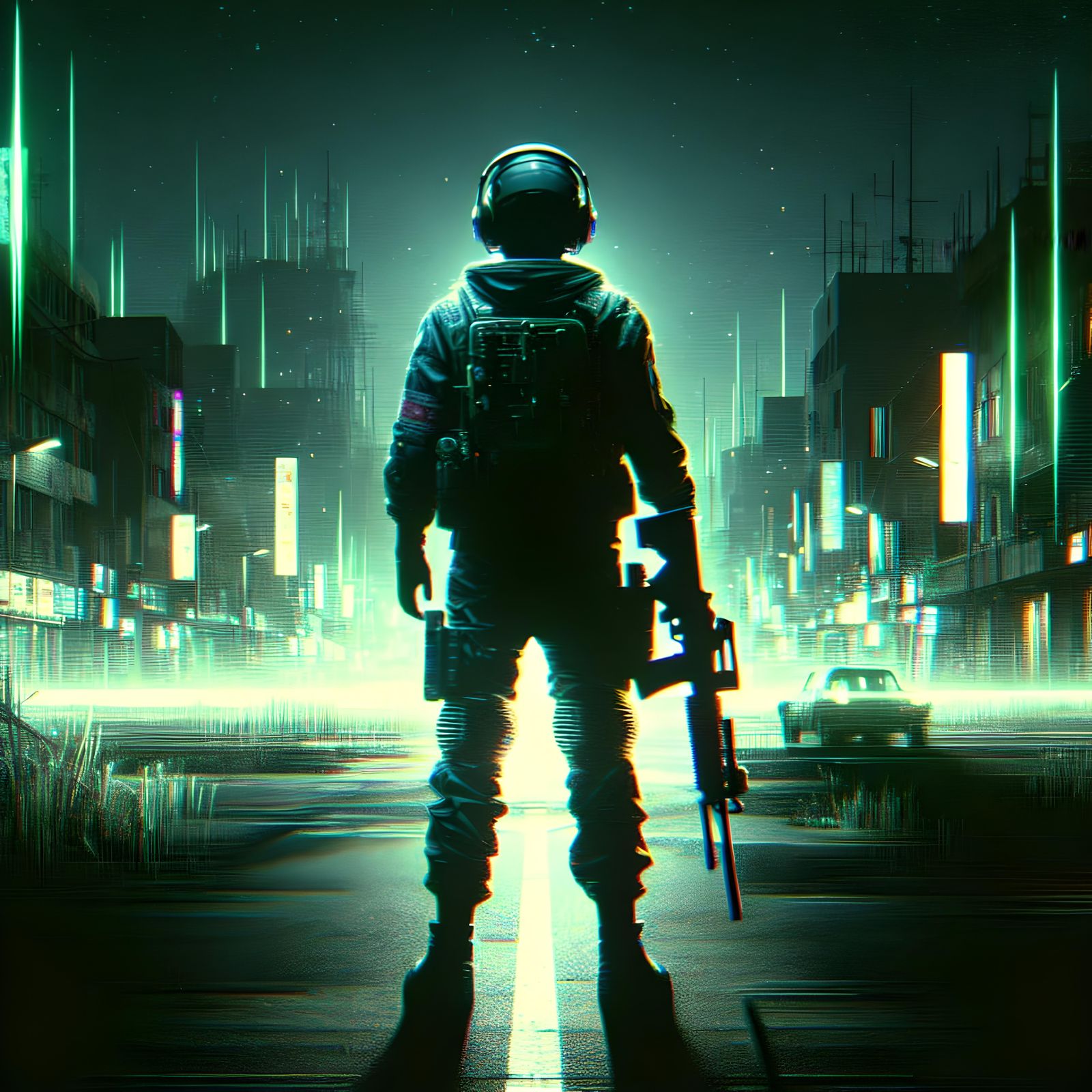 Sci-Fi Silhouette in a Glitched Neon Cityscape