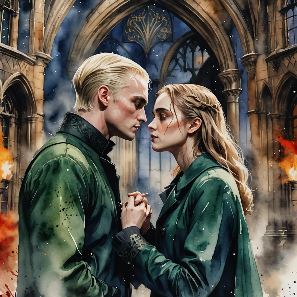 Draco and Hermione Kissing: Watercolor Art