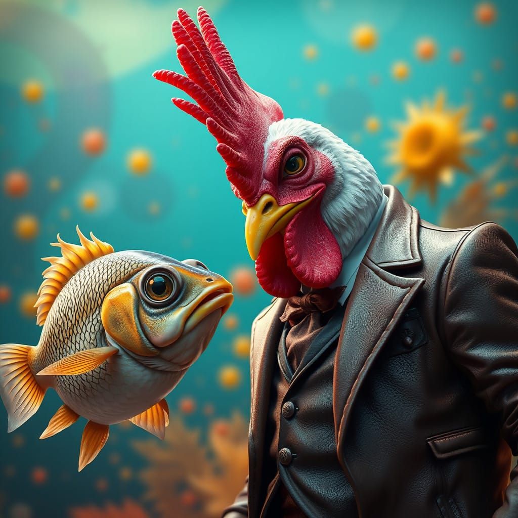A Fish Examines a Dapper Bald Chicken in a Bright, Playful S...