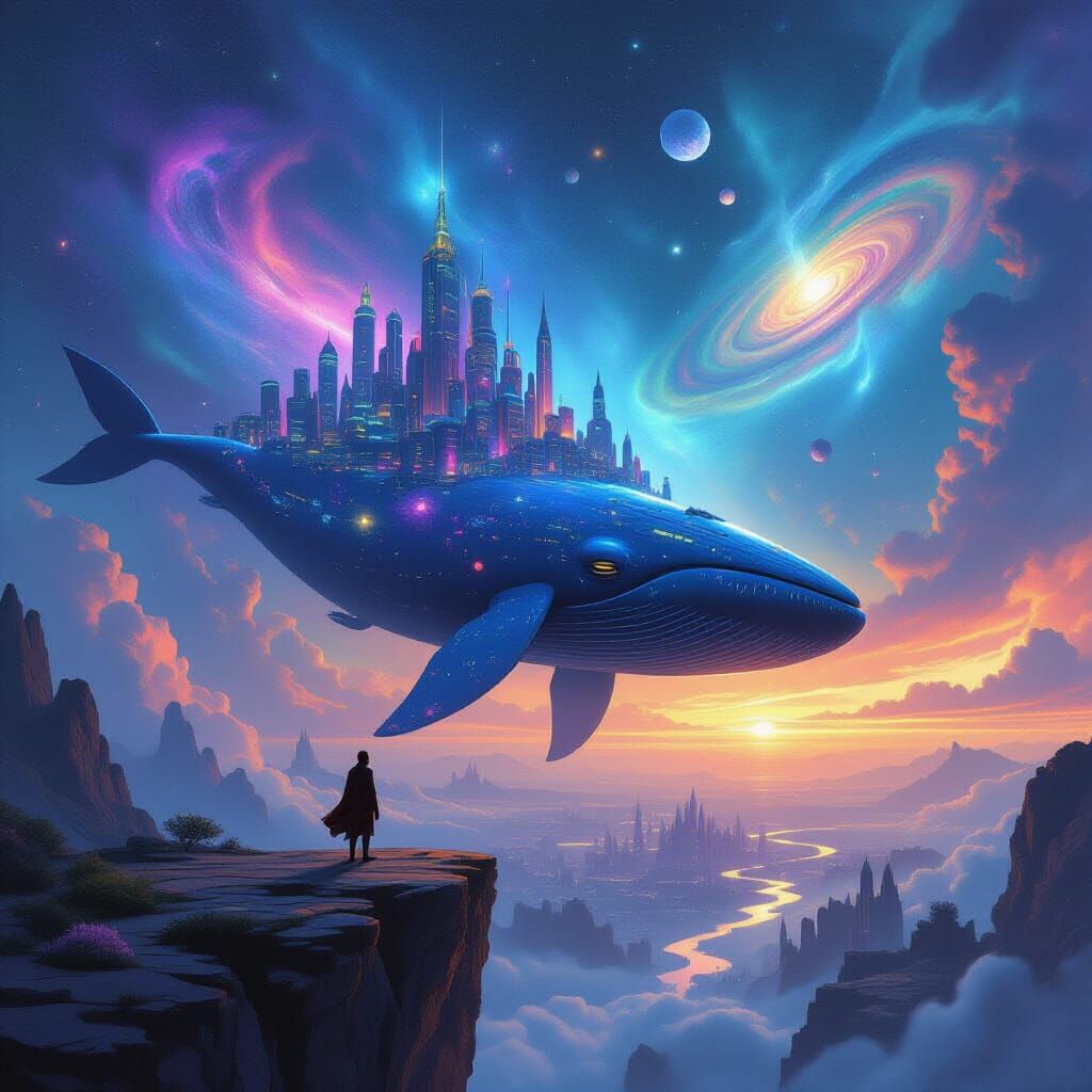 Alien Metropolis on Space Whale in Cosmic Art Style