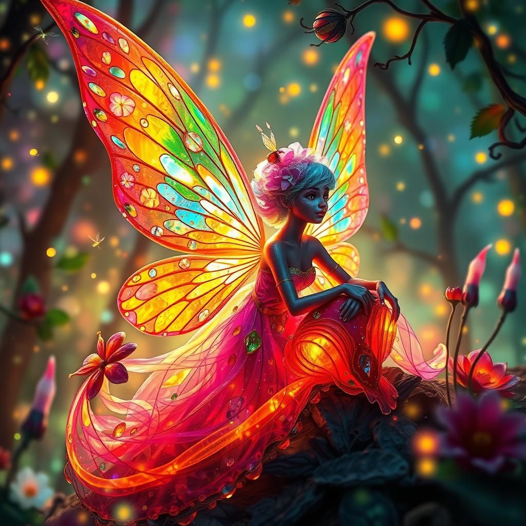 Enameled Glass Fairy in Bioluminescent Forest