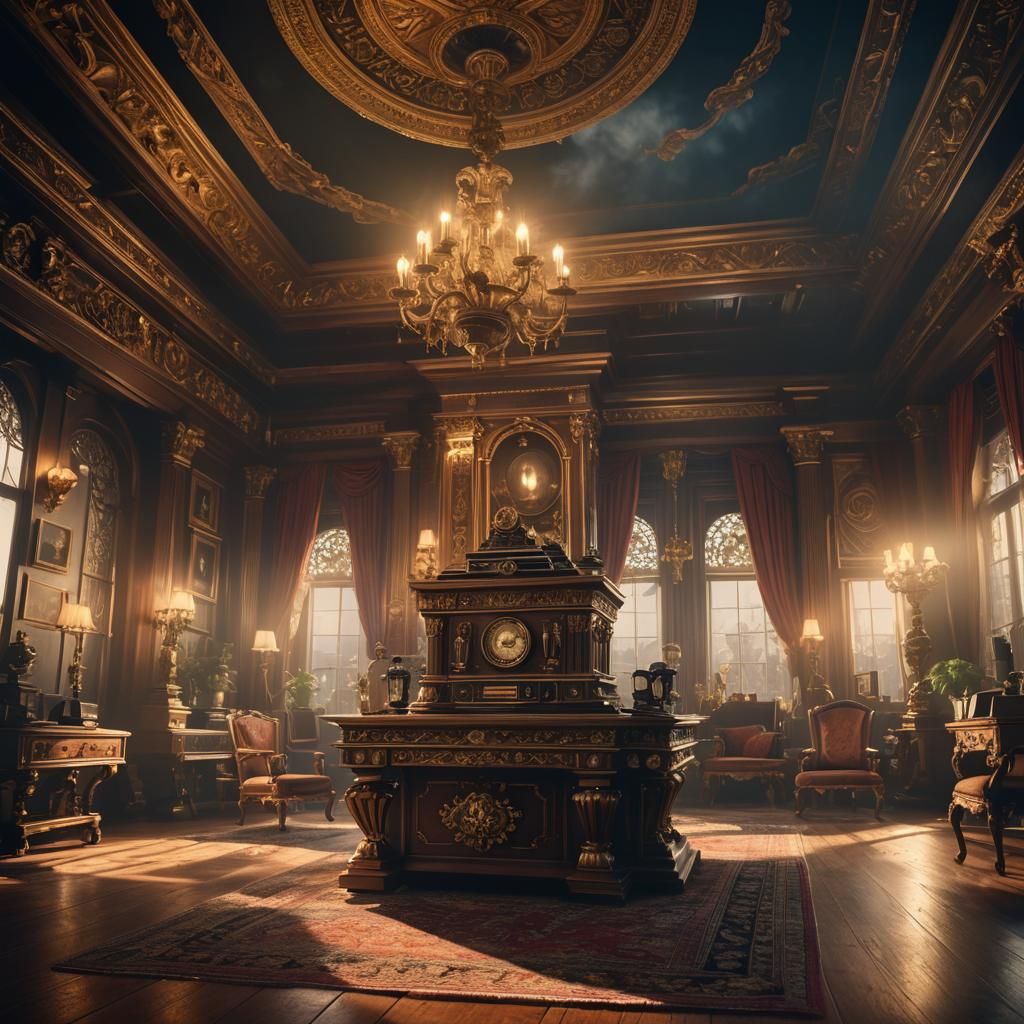 Vintage Stereo with Gilded Speakers in Opulent Study