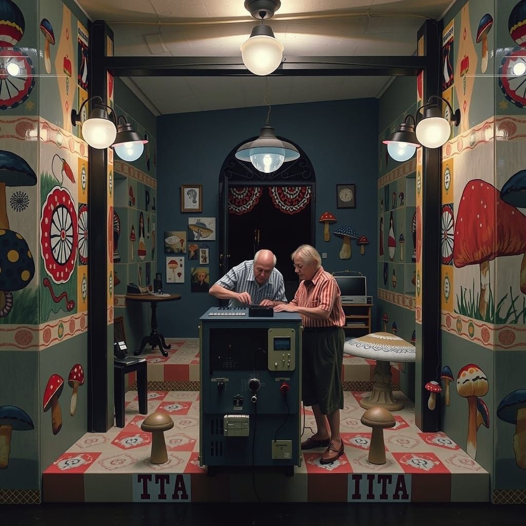 Surreal Mushroom Computer Repair in Max Ernst Style