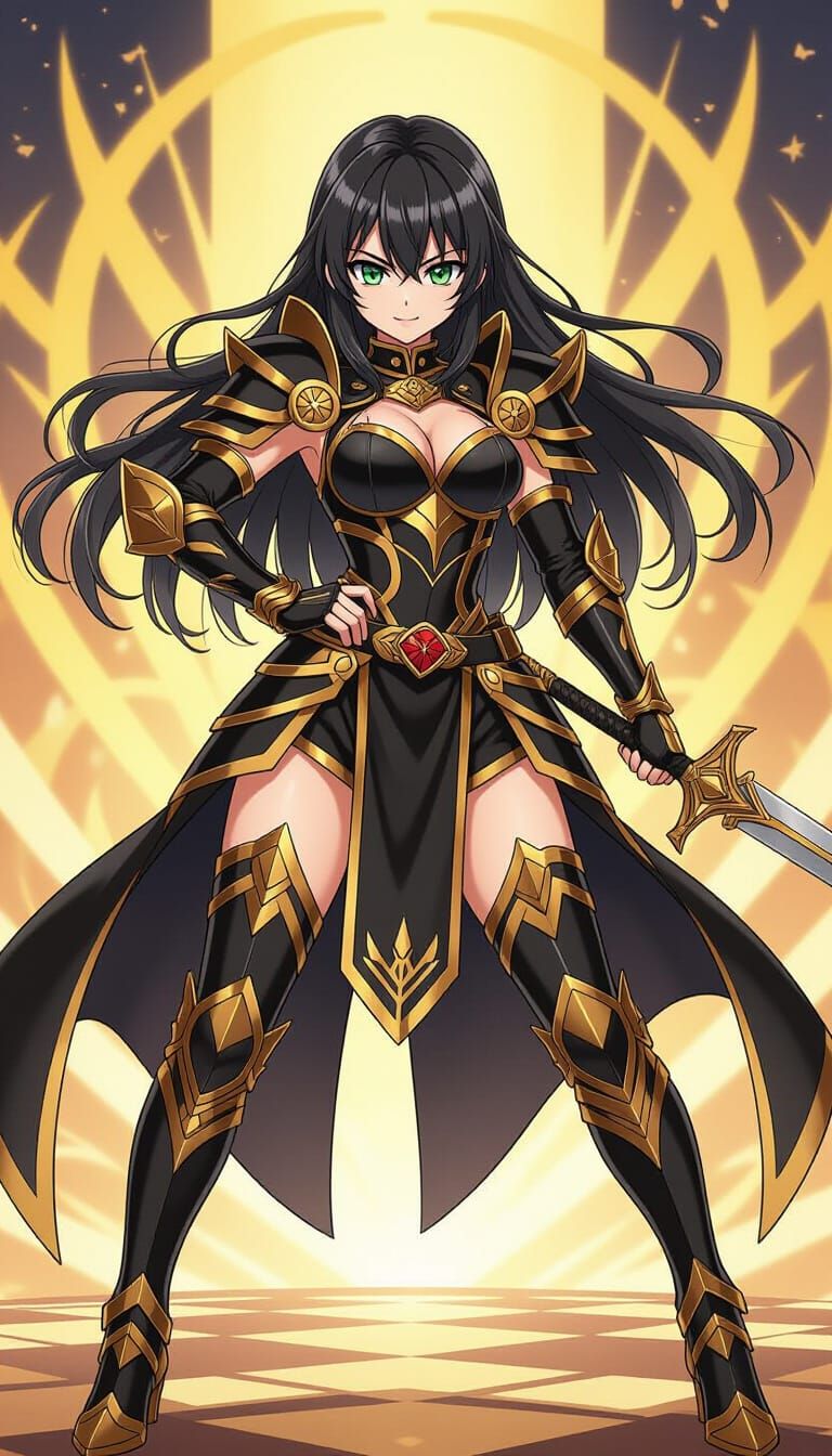 Anime-Style Black Ranger Girl in Gold Armor