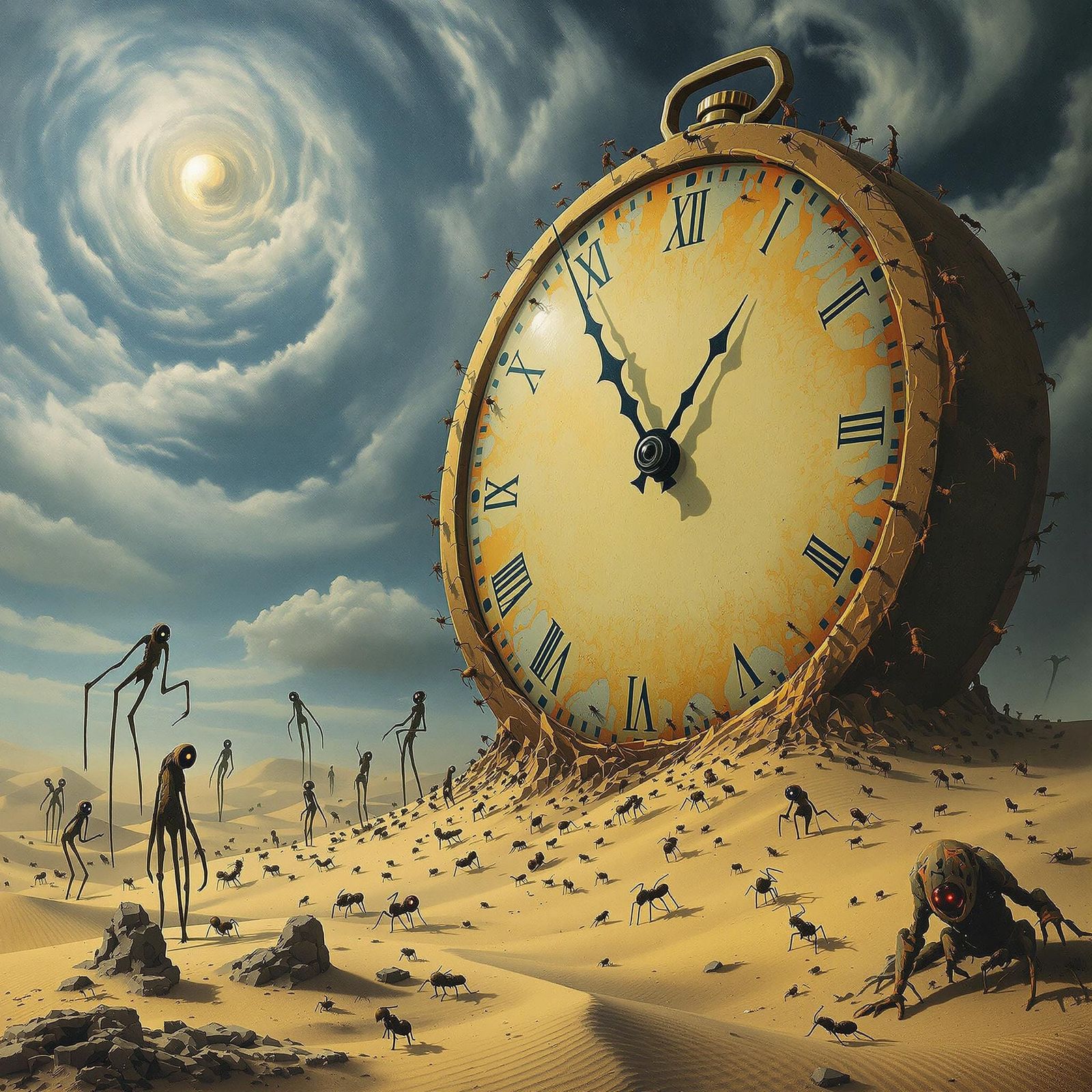 Surreal Clock Melts in Desert Dreamscape, with Elongated Cre...