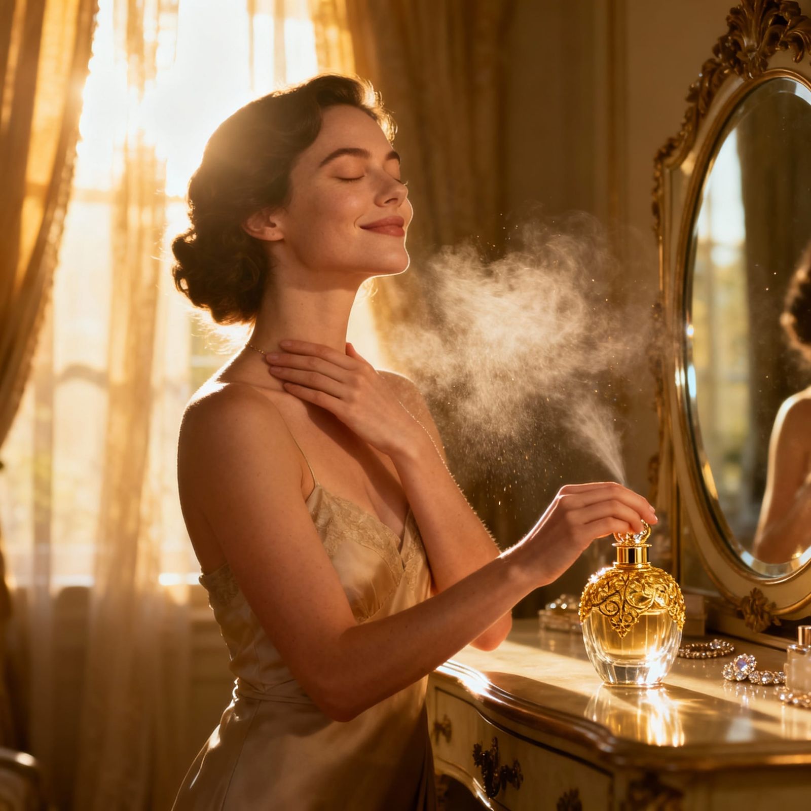 Elegant Model in Golden Morning Light with Perfume