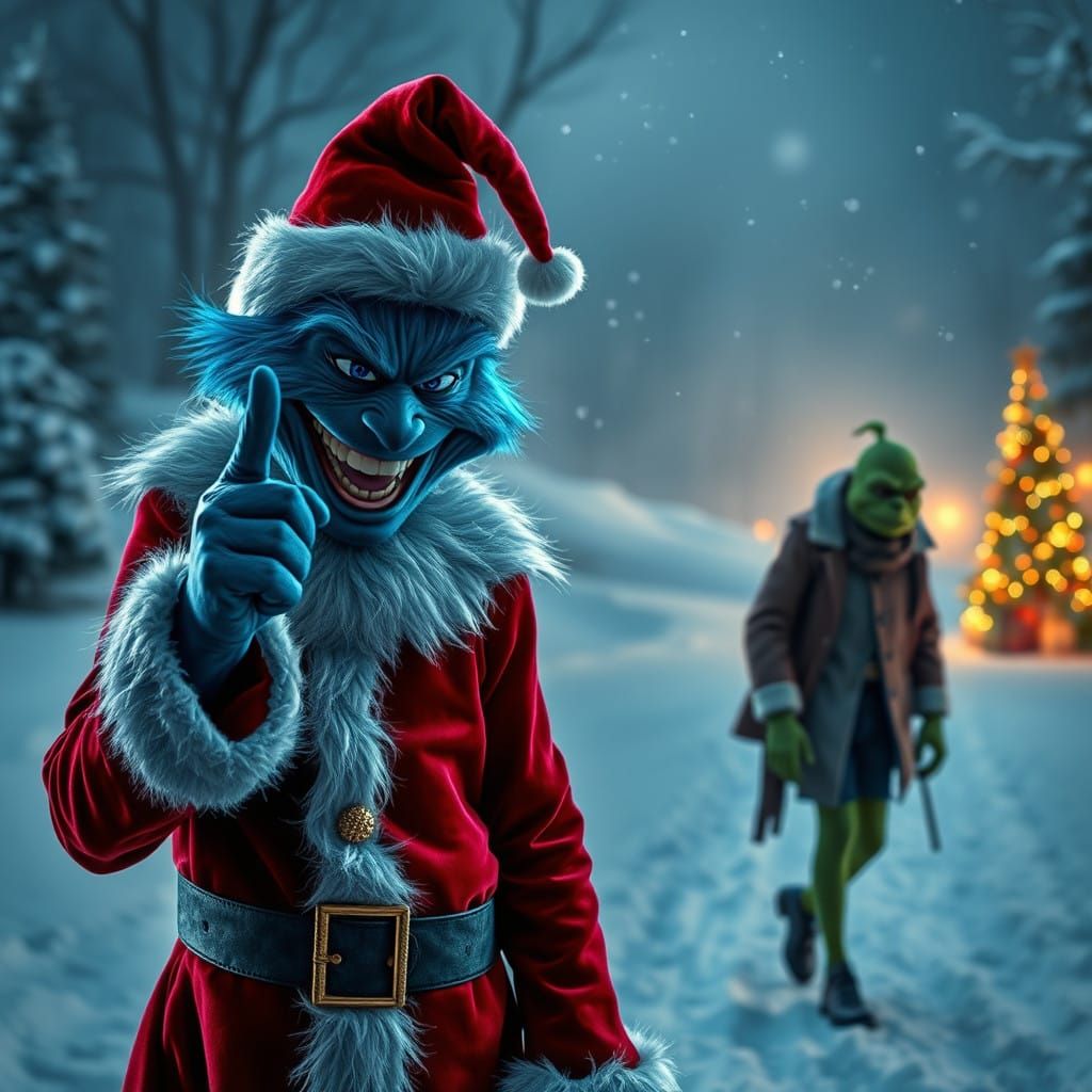 The Blue Grinch Mocks the Green Grinch in a Snowy Winter Won...
