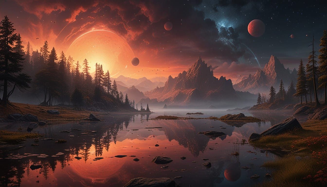 Cosmic Lake at Night: A Surreal Panorama