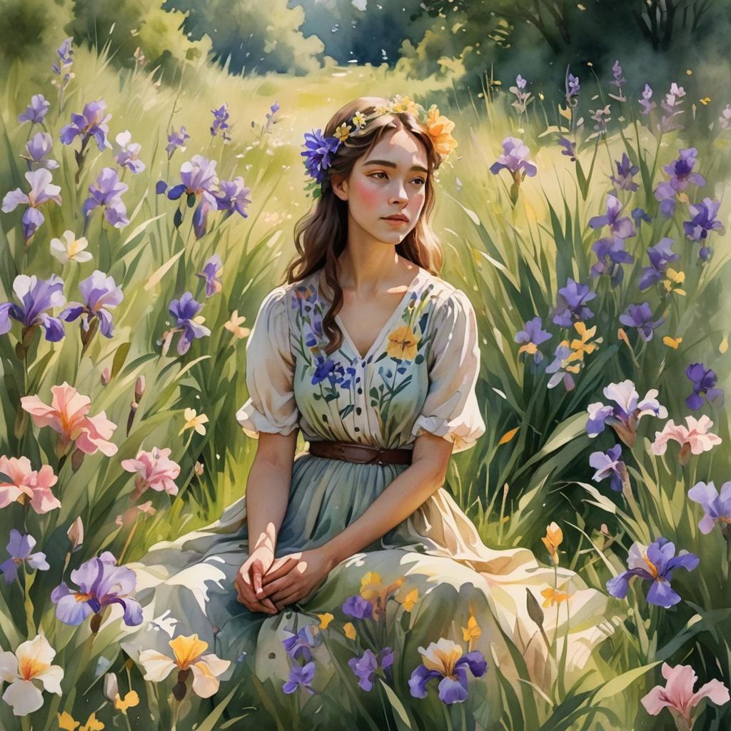Ethereal Woman in Floral Meadow: Watercolor Concept Art