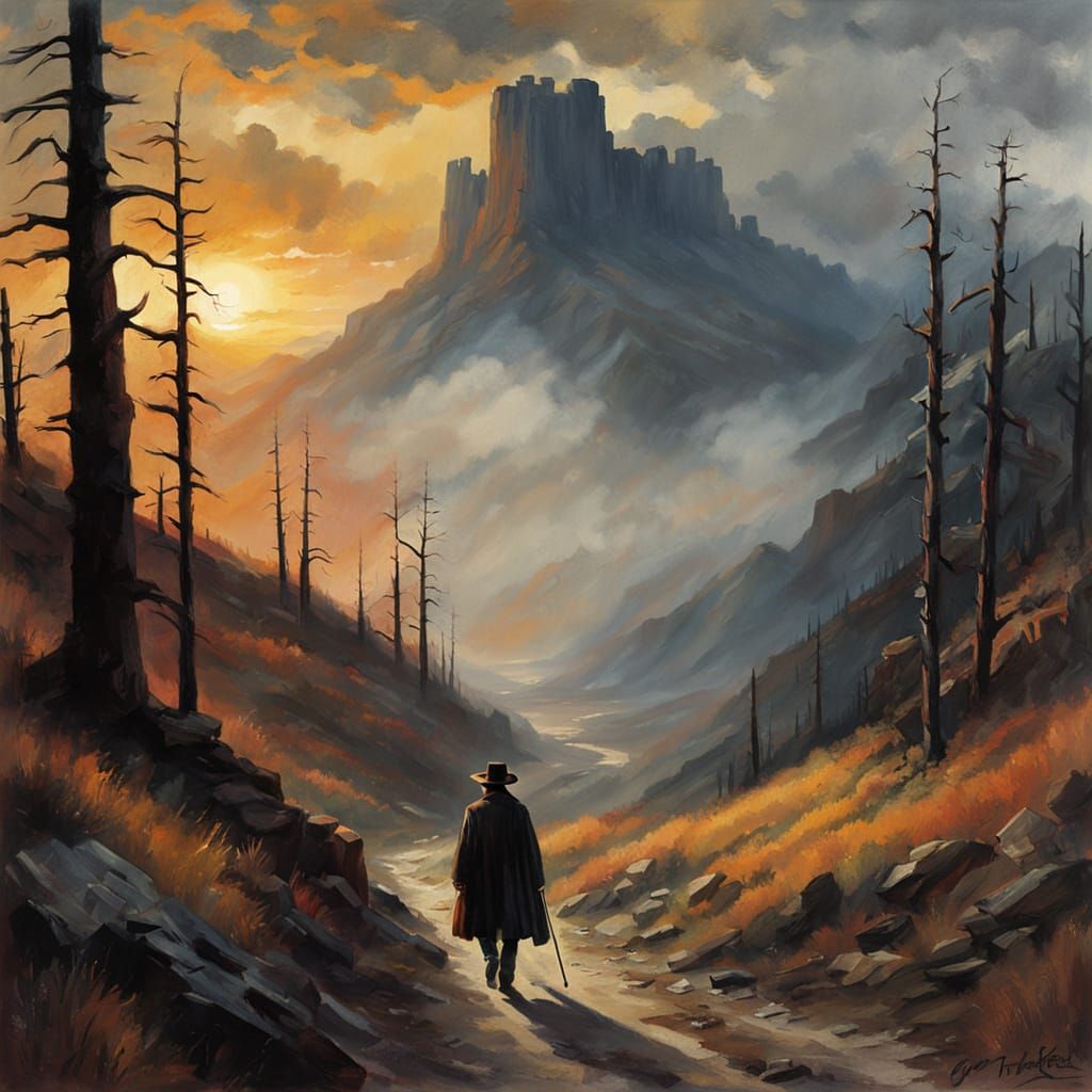 Western Man Crosses Pass in Gouache Horror Style